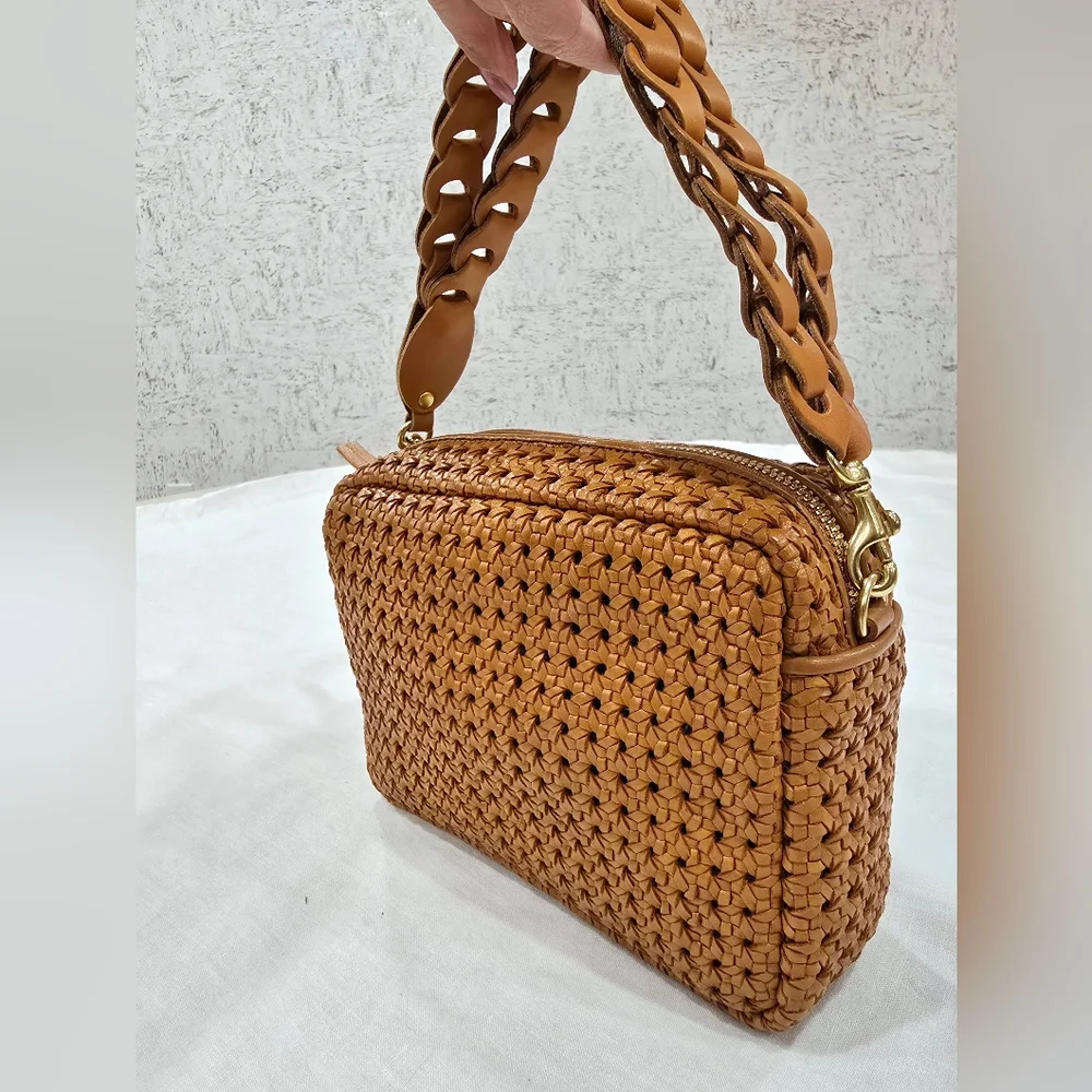 Clare V. Woven Leather Wristlet in Cognac Brown